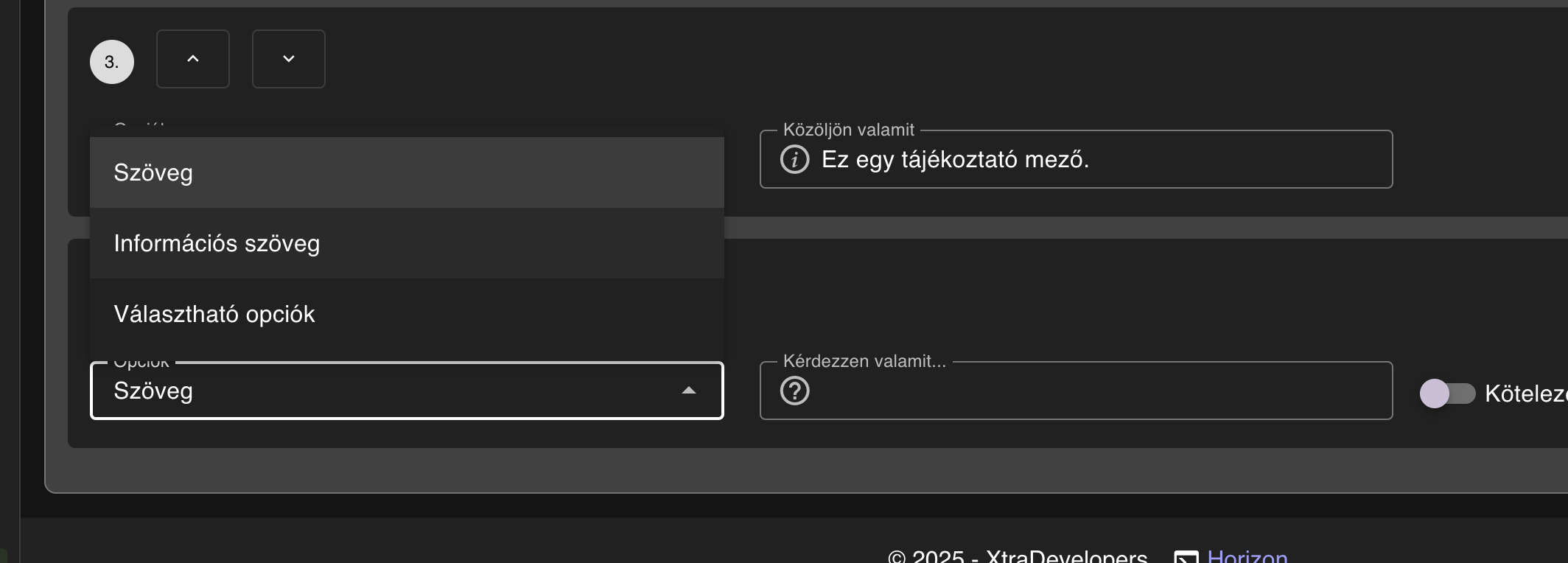 Különféle mező típusok